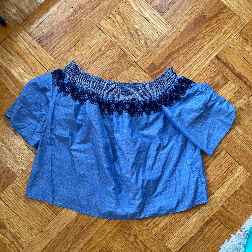 Off shoulder, flowy denim top